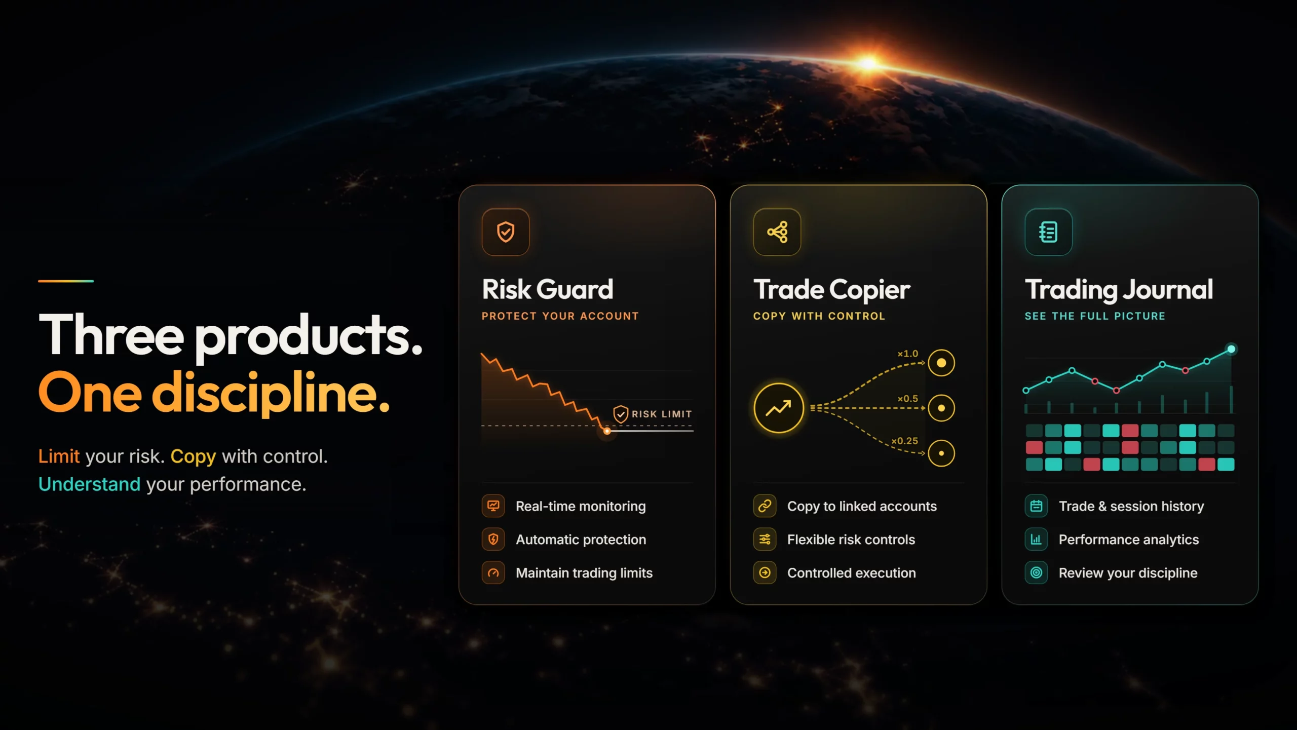 CUNODE — Three products. One discipline. Risk Guard, Trade Copier and Trading Journal